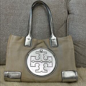 Tory Burch Beige Tote Bag with Metallic Silver Accents and Logo